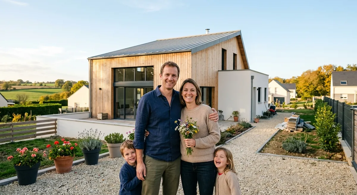 Famille devant leur maison individuelle en France