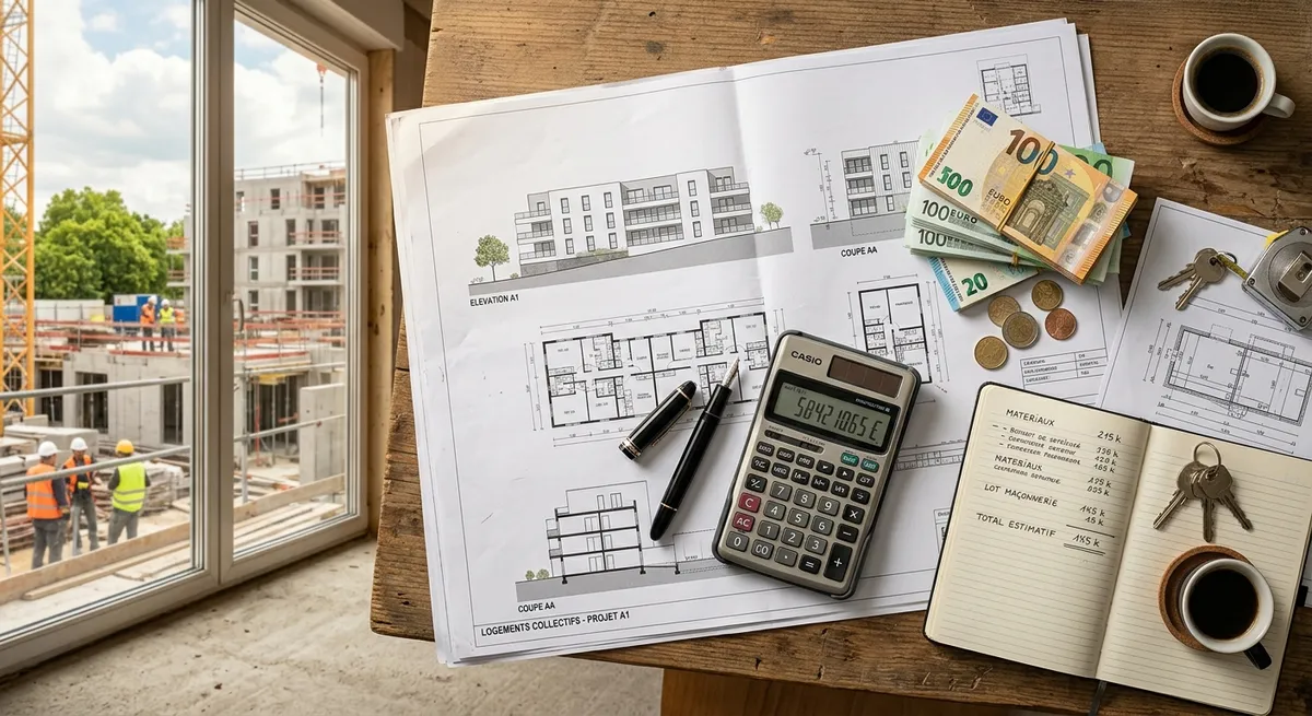 Budget de construction avec calculatrice et plans d'architecte