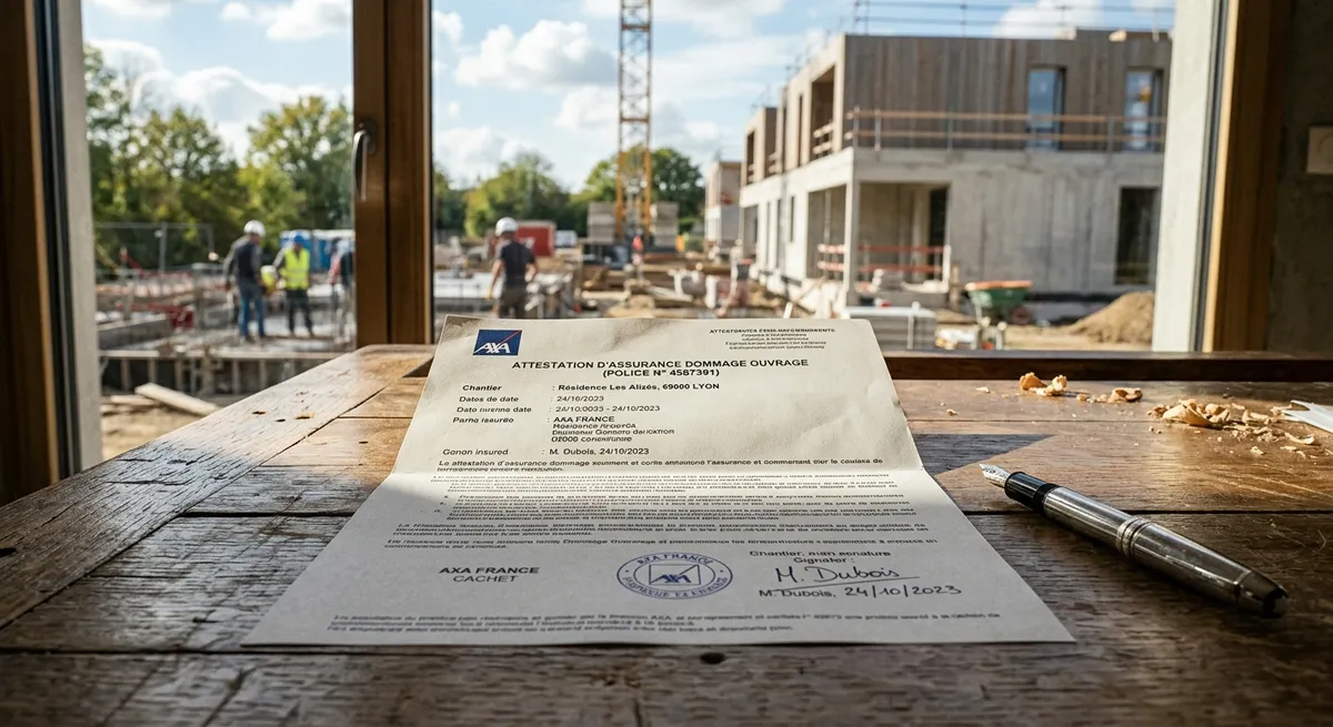 Attestation d'assurance dommage ouvrage sur un bureau avec stylo