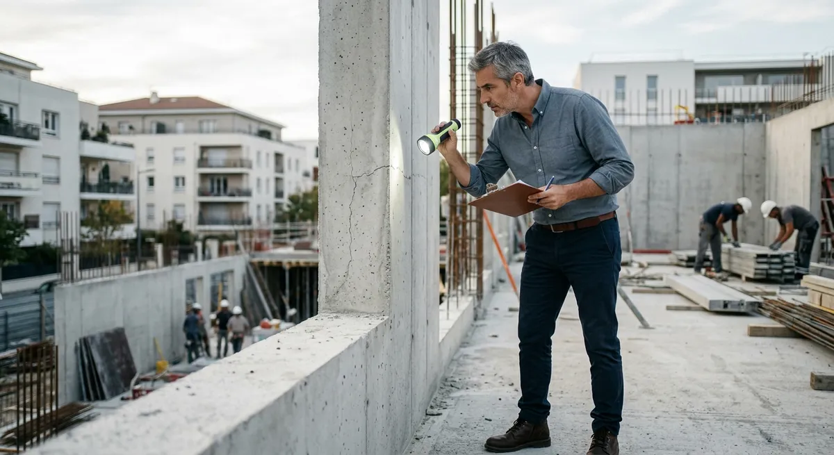 Expert dommage ouvrage inspectant un désordre structurel