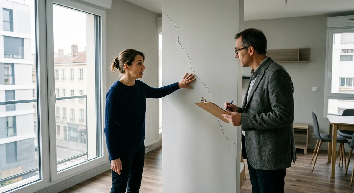 Expert constatant un désordre sur un bâtiment couvert par l'assurance dommage ouvrage